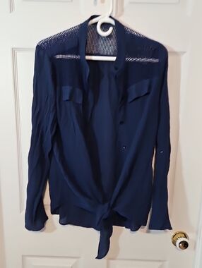 Women's Navy Tie-Front Button Shirt
